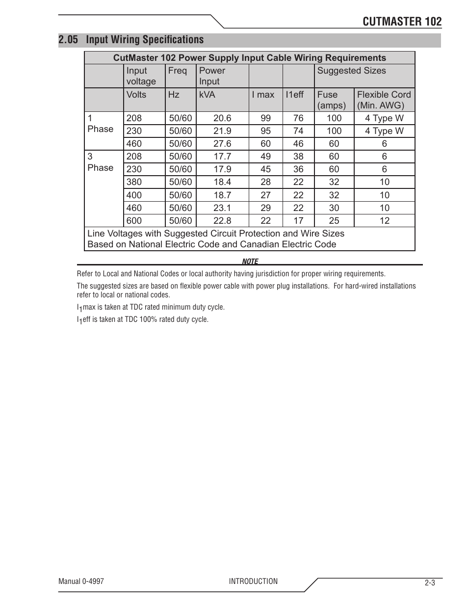 05 input wiring specifications, Input wiring specifications -3, Cutmaster 102 | Tweco 102 Cutmaster User Manual | Page 17 / 84