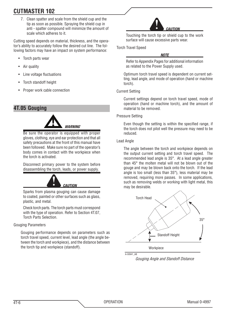 4t.05 gouging, 4t.05 gouging t-6, Cutmaster 102 | Tweco 102 Cutmaster User Manual | Page 40 / 84
