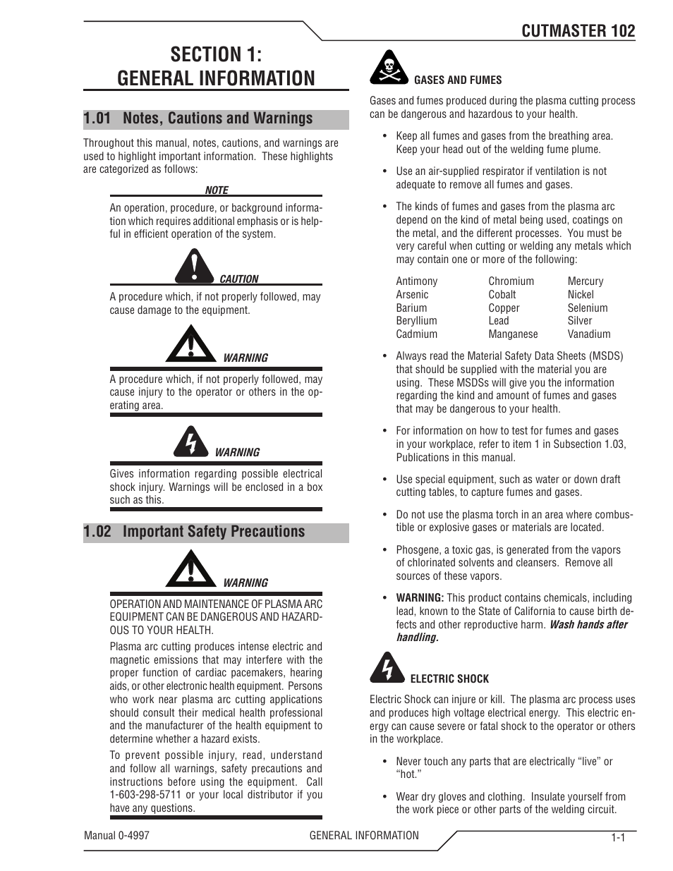 Section 1: general information, 01 notes, cautions and warnings, 02 important safety precautions | Section 1, General information -1, Notes, cautions and warnings -1, Important safety precautions -1, Cutmaster 102 | Tweco 102 Cutmaster User Manual | Page 7 / 84