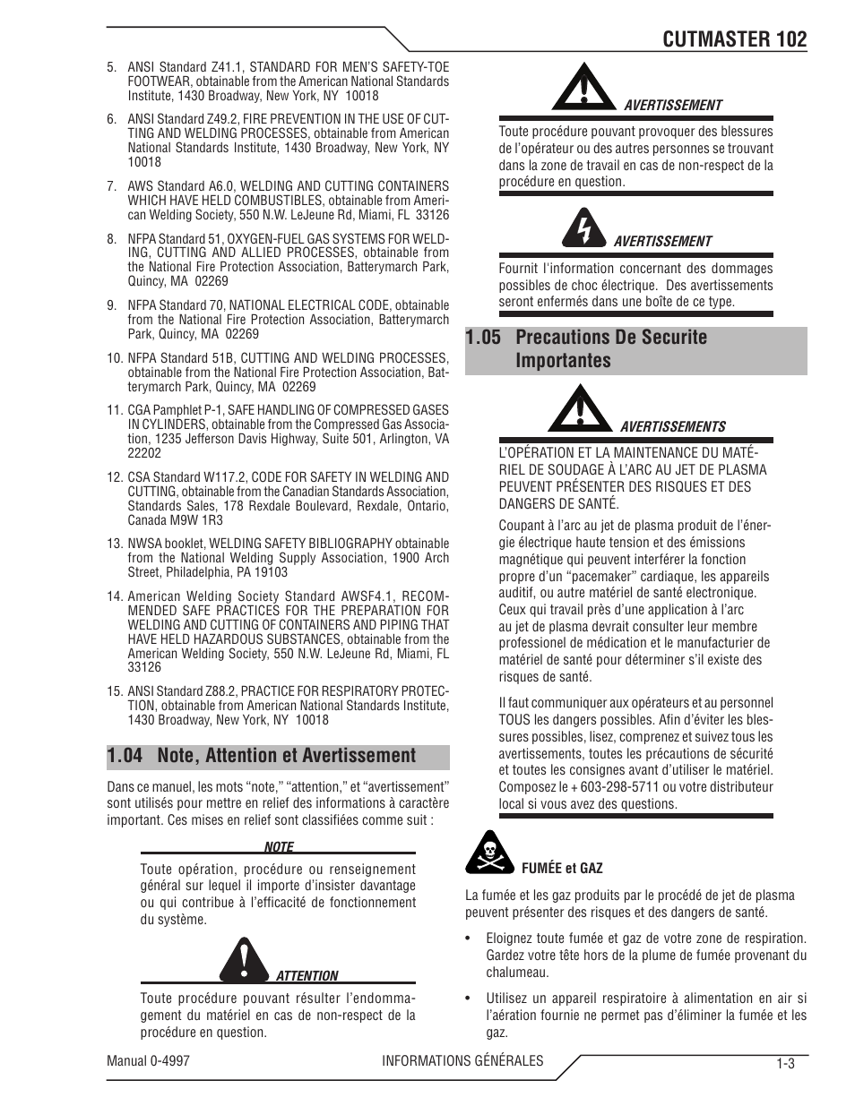 04 note, attention et avertissement, 05 precautions de securite importantes, Note, attention et avertissement -3 | Precautions de securite importantes -3, Cutmaster 102 | Tweco 102 Cutmaster User Manual | Page 9 / 84