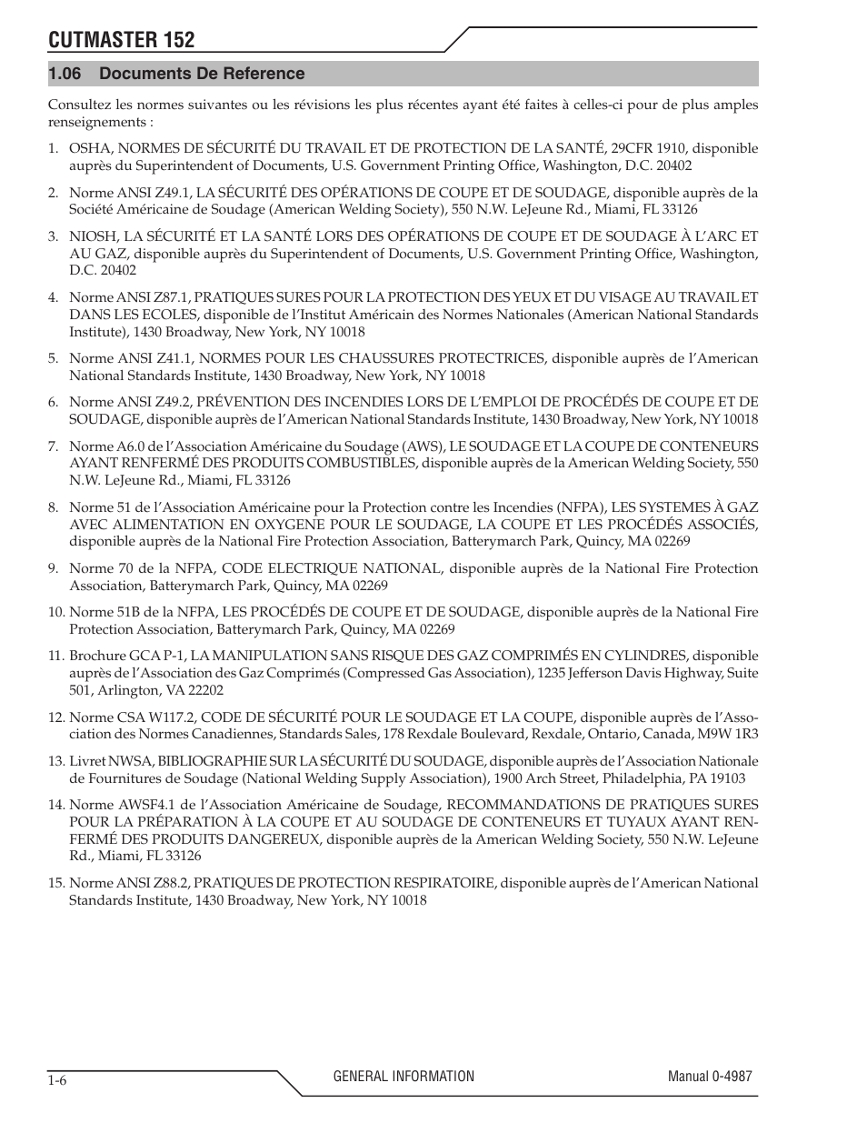06 documents de reference, Documents de reference -6, Cutmaster 152 | Tweco 152 CutMaster User Manual | Page 12 / 84