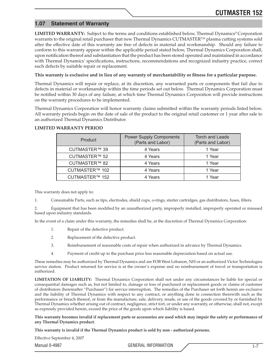 07 statement of warranty, Statement of warranty -7, Cutmaster 152 | Tweco 152 CutMaster User Manual | Page 13 / 84