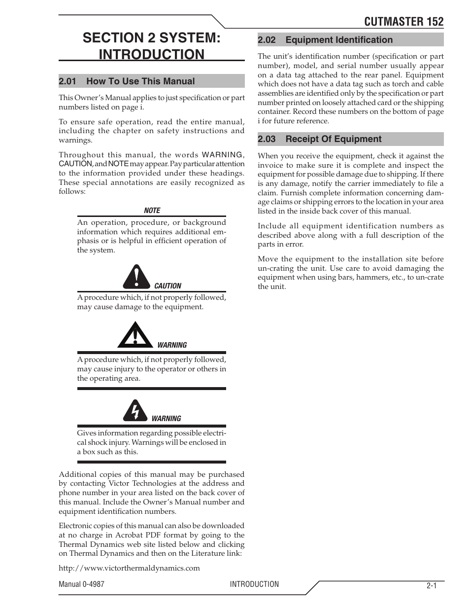 Section 2 system: introduction, 01 how to use this manual, 02 equipment identification | 03 receipt of equipment, Section 2 system, Introduction -1, How to use this manual -1, Equipment identification -1, Receipt of equipment -1, Cutmaster 152 | Tweco 152 CutMaster User Manual | Page 15 / 84