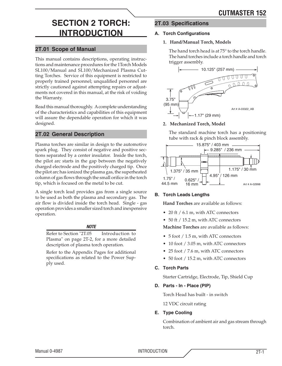 Section 2 torch: introduction, 2t.01 scope of manual, 2t.02 general description | 2t.03 specifications, Section 2 torch, Introduction t-1, Cutmaster 152 | Tweco 152 CutMaster User Manual | Page 19 / 84