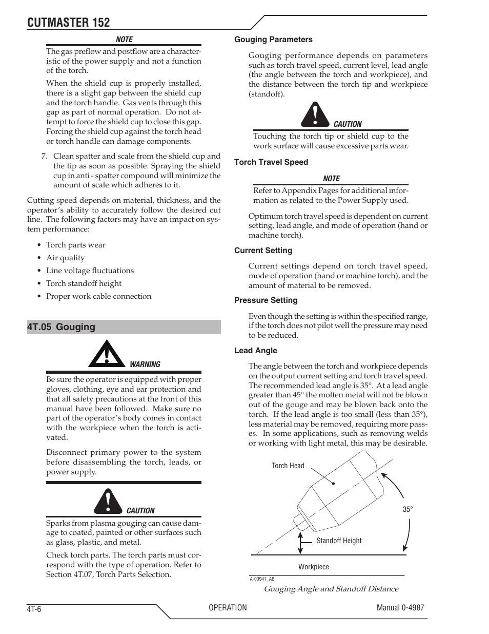 4t.05 gouging, 4t.05 gouging t-6, Cutmaster 152 | Tweco 152 CutMaster User Manual | Page 38 / 84
