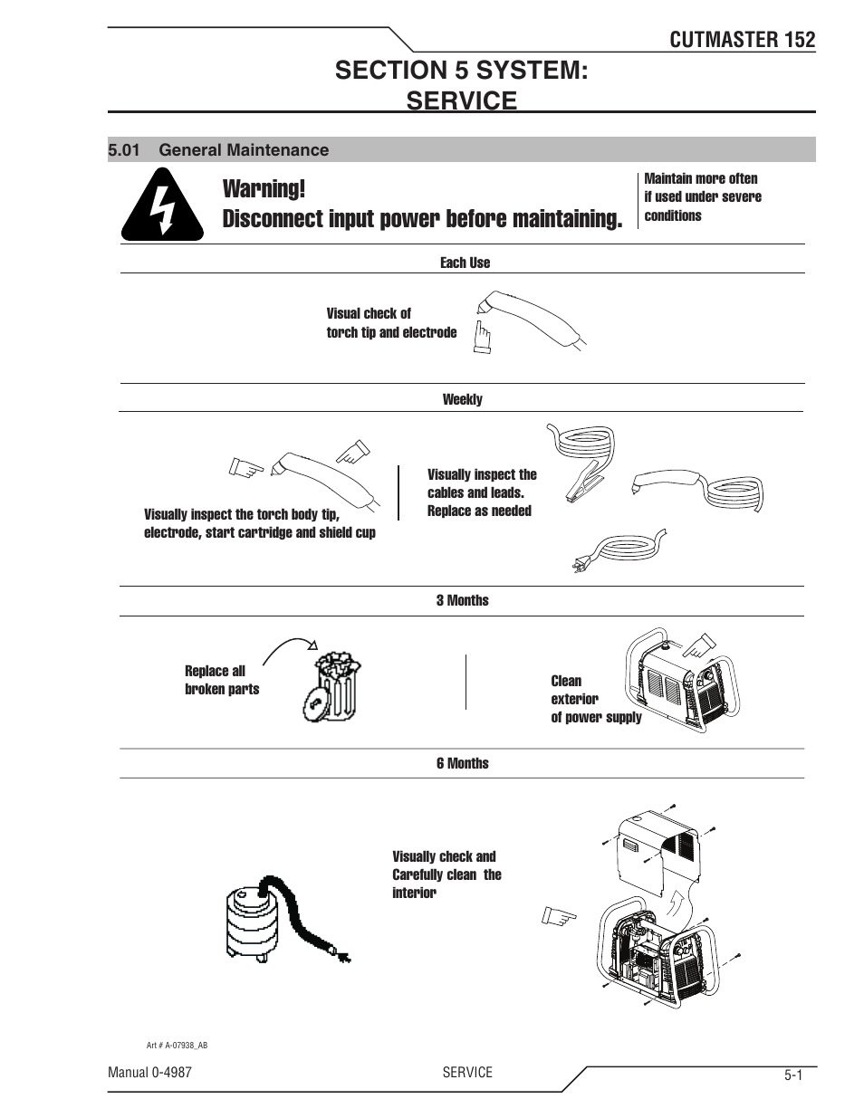 Section 5 system: service, 01 general maintenance, Section 5 system | Service -1, General maintenance -1, Warning! disconnect input power before maintaining, Cutmaster 152 | Tweco 152 CutMaster User Manual | Page 55 / 84