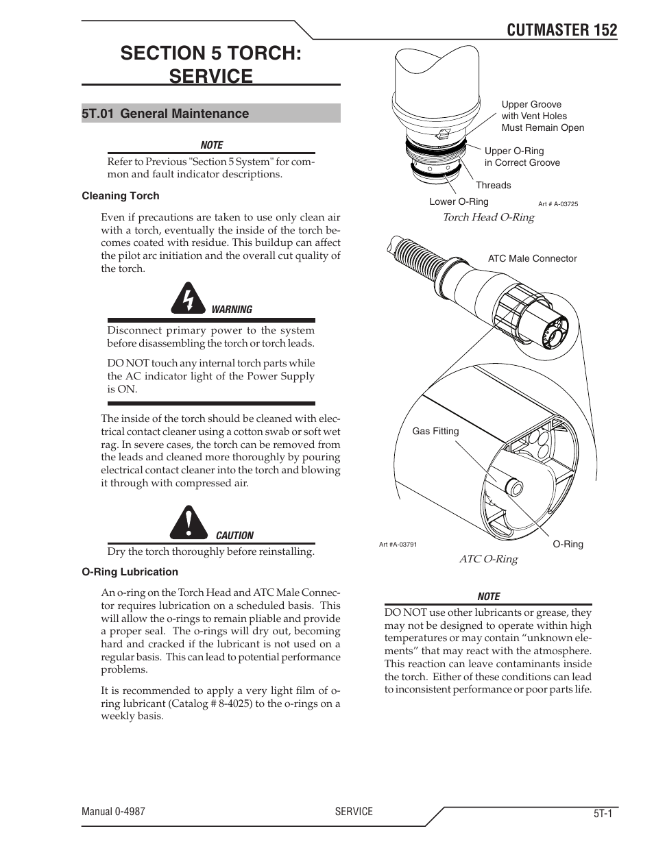 Section 5 torch: service, 5t.01 general maintenance, Section 5 torch | Service t-1, 5t.01 general maintenance t-1, Cutmaster 152 | Tweco 152 CutMaster User Manual | Page 63 / 84