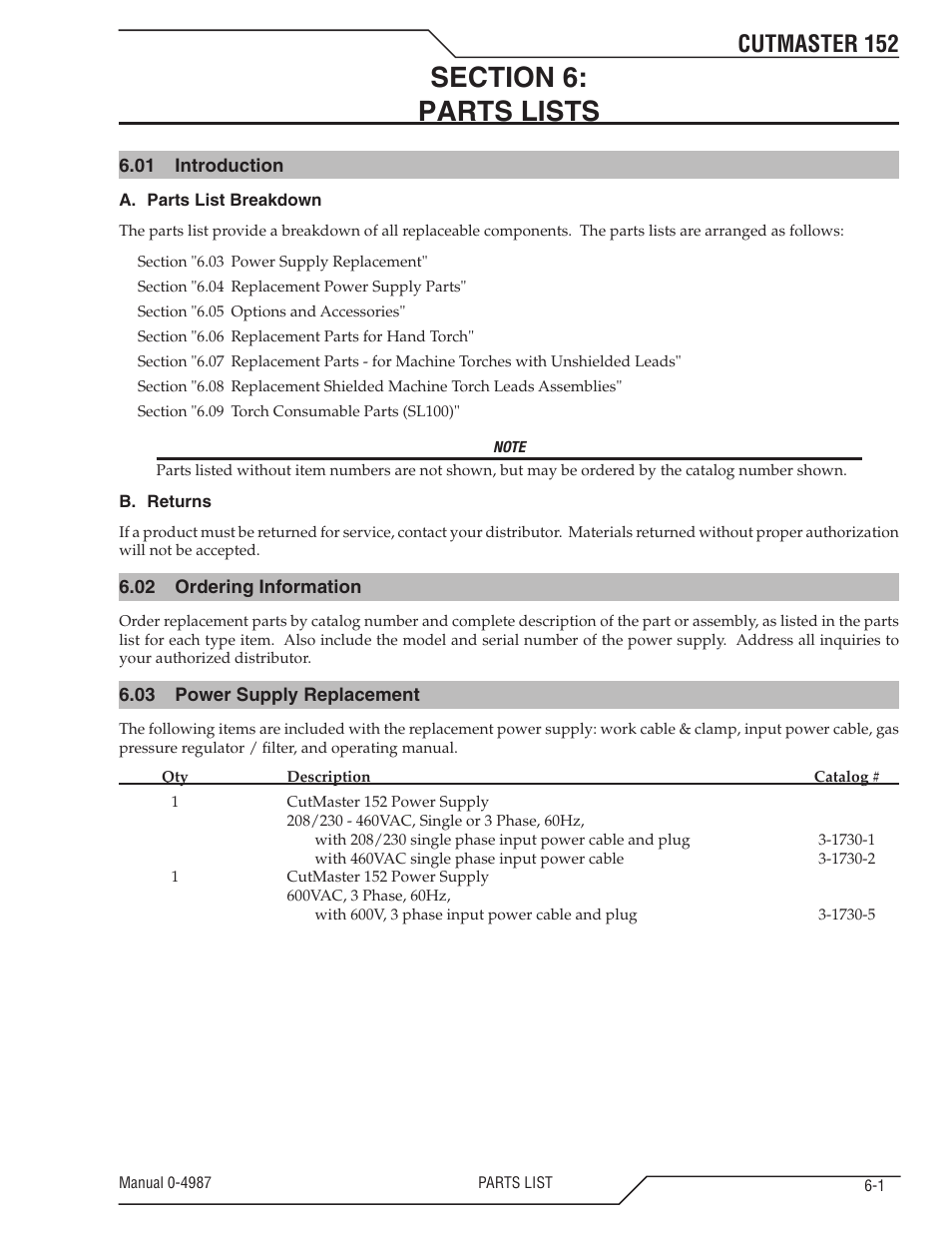 Section 6: parts lists, 01 introduction, 02 ordering information | 03 power supply replacement, Section 6, Parts lists -1, 01 introduction -1 6.02, Ordering information -1, Power supply replacement -1, Cutmaster 152 | Tweco 152 CutMaster User Manual | Page 65 / 84
