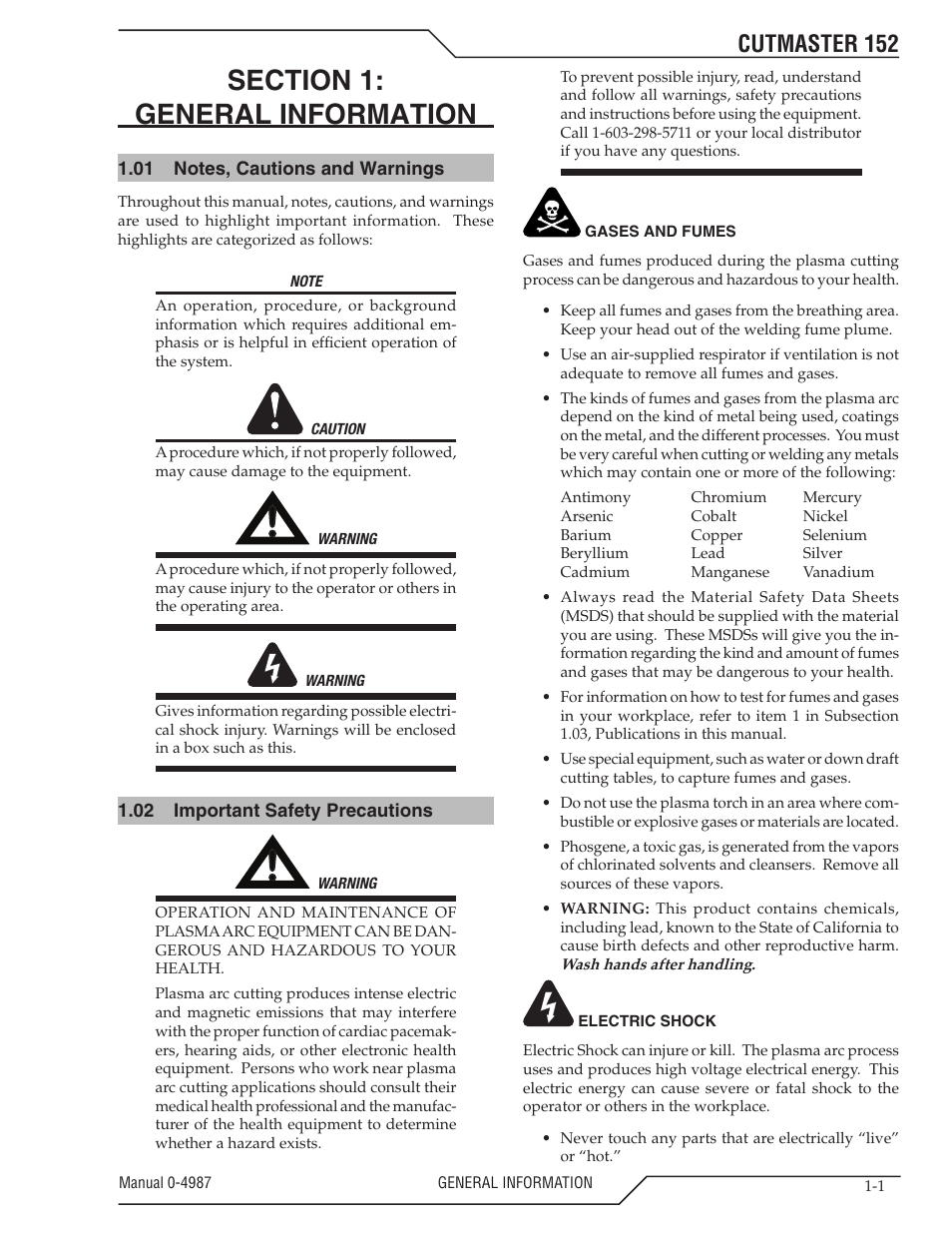 Section 1: general information, 01 notes, cautions and warnings, 02 important safety precautions | Section 1, General information -1, Notes, cautions and warnings -1, Important safety precautions -1, Cutmaster 152 | Tweco 152 CutMaster User Manual | Page 7 / 84