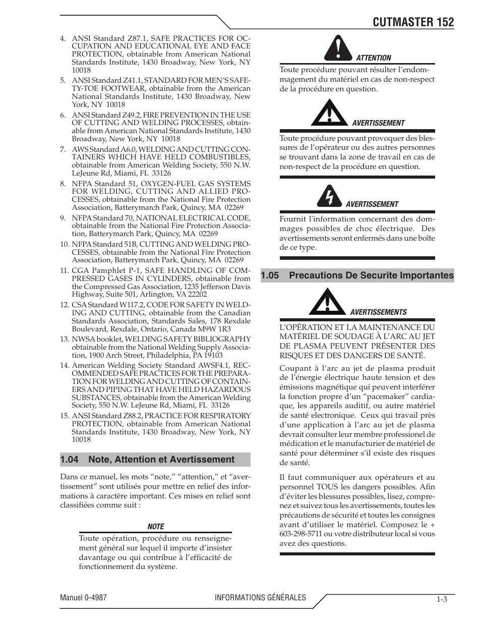 04 note, attention et avertissement, 05 precautions de securite importantes, Note, attention et avertissement -3 | Precautions de securite importantes -3, Cutmaster 152 | Tweco 152 CutMaster User Manual | Page 9 / 84