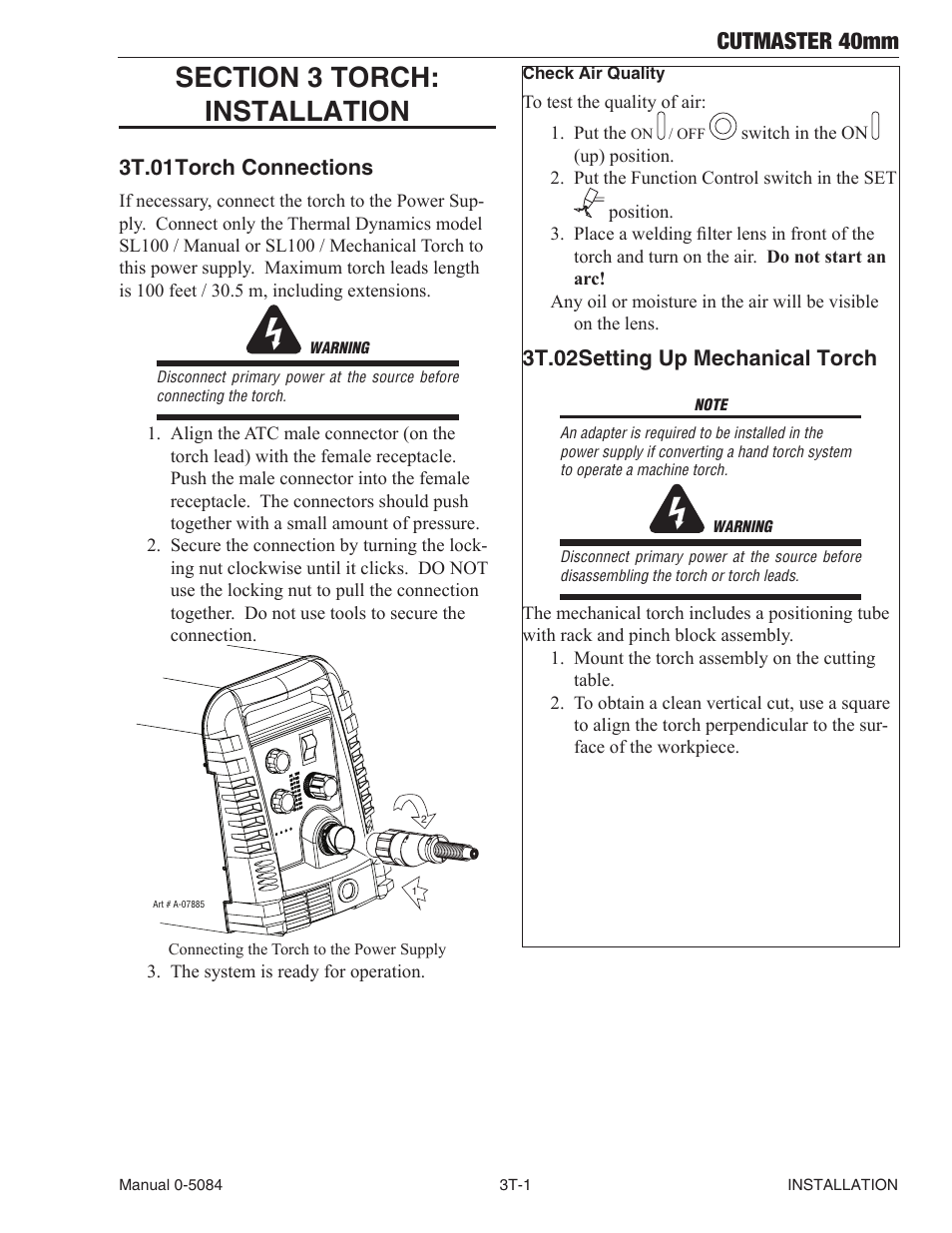 Cutmaster 40mm, 3t.01 torch connections, 3t.02 setting up mechanical torch | Tweco 40mm Cutmaster User Manual | Page 27 / 82