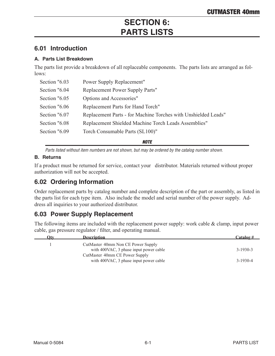 Cutmaster 40mm, 01 introduction, 02 ordering information | 03 power supply replacement | Tweco 40mm Cutmaster User Manual | Page 65 / 82