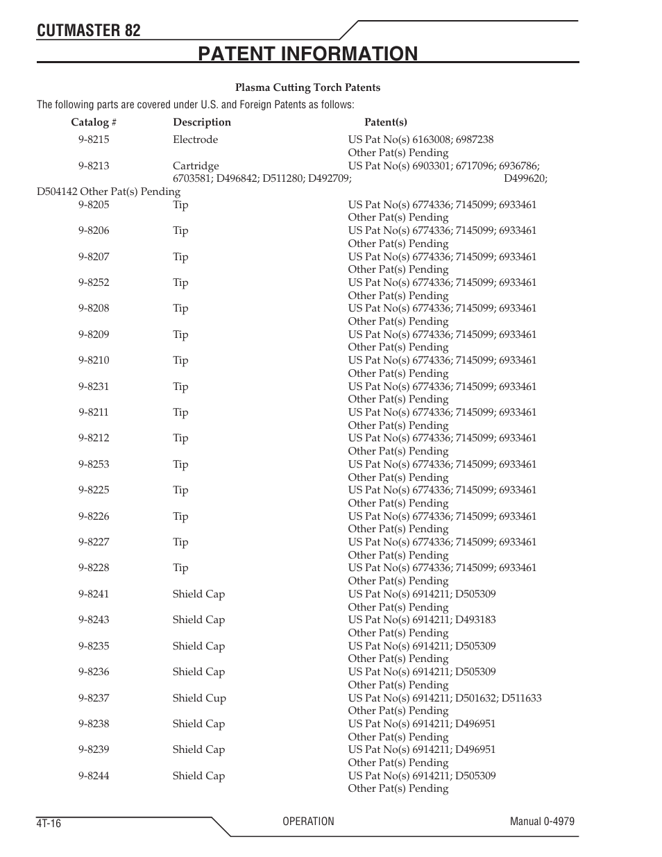 Patent information, Cutmaster 82 | Tweco 82 CutMaster User Manual | Page 48 / 80