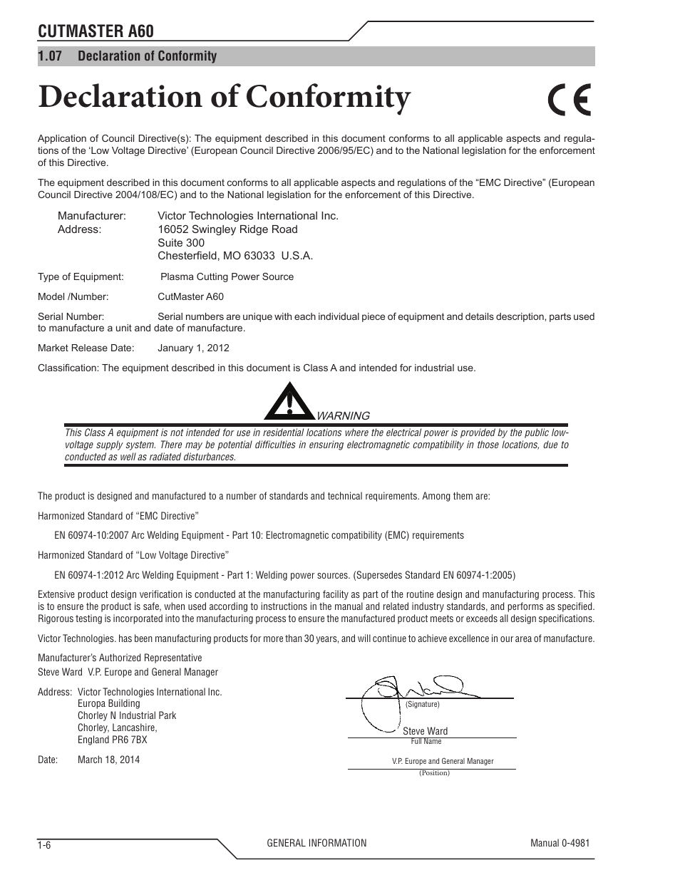 Declaration of conformity, Cutmaster a60 | Tweco A60 Cutmaster User Manual | Page 12 / 118
