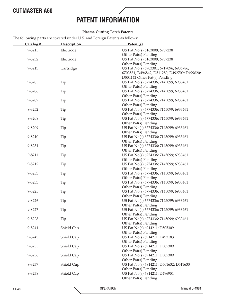 Patent information, Cutmaster a60 | Tweco A60 Cutmaster User Manual | Page 84 / 118