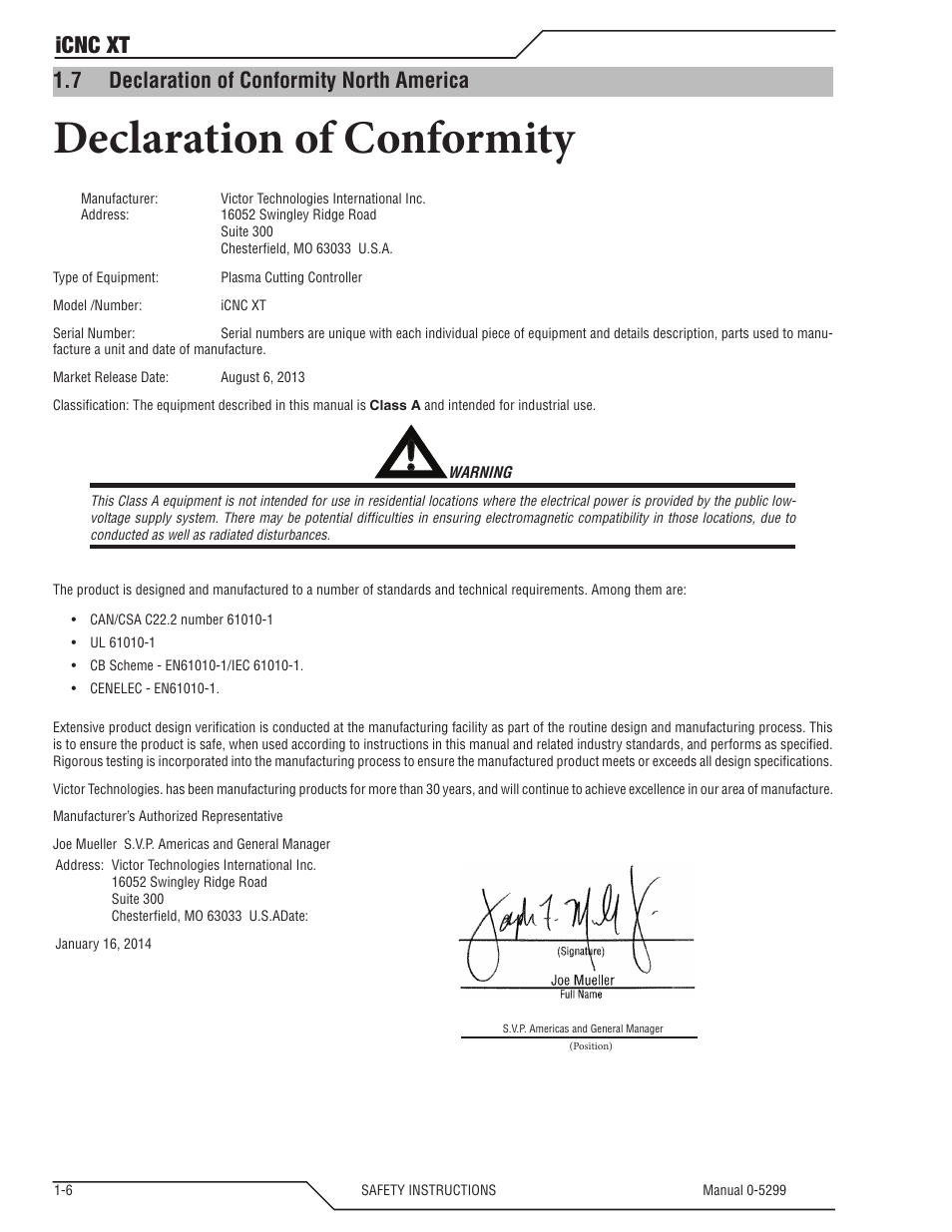 7 declaration of conformity north america, Declaration of conformity north america -6, Declaration of conformity | Icnc xt | Tweco iCNC XT User Manual | Page 12 / 110