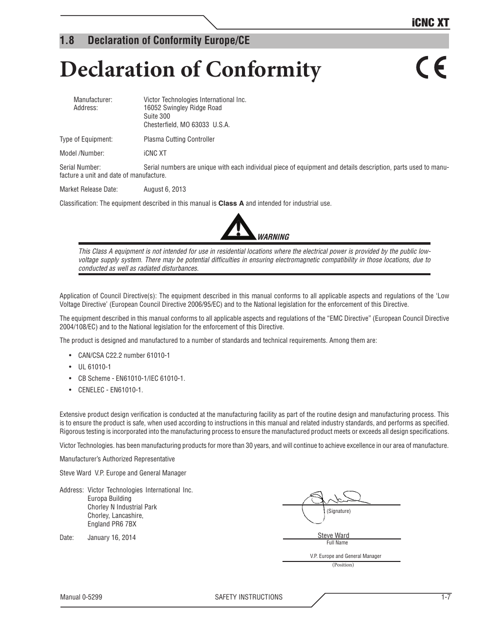 8 declaration of conformity europe/ce, Declaration of conformity europe/ce -7, Declaration of conformity | Icnc xt | Tweco iCNC XT User Manual | Page 13 / 110