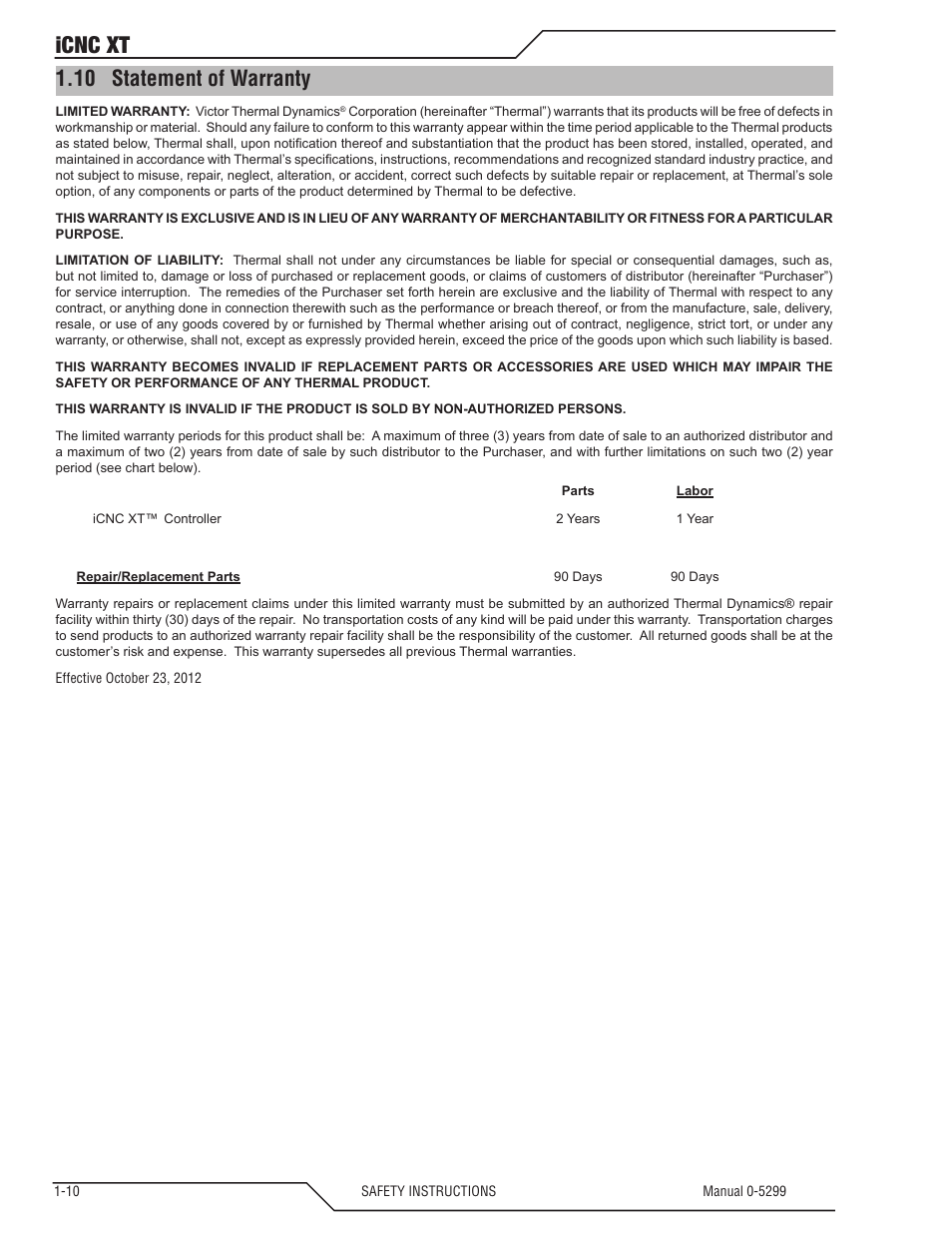 10 statement of warranty, Statement of warranty -10, Icnc xt | Tweco iCNC XT User Manual | Page 16 / 110