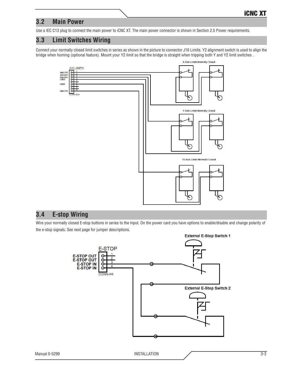 2 main power, 3 limit switches wiring, 4 e-stop wiring | Main power -3, Limit switches wiring -3, E-stop wiring -3, Icnc xt | Tweco iCNC XT User Manual | Page 23 / 110