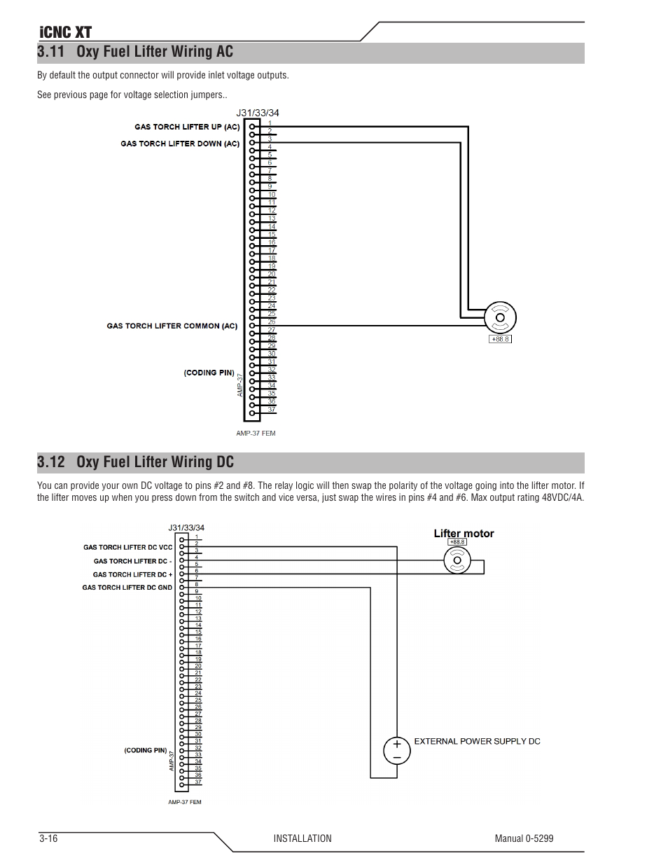 11 oxy fuel lifter wiring ac, 12 oxy fuel lifter wiring dc, Oxy fuel lifter wiring ac -16 | Oxy fuel lifter wiring dc -16, Icnc xt | Tweco iCNC XT User Manual | Page 36 / 110