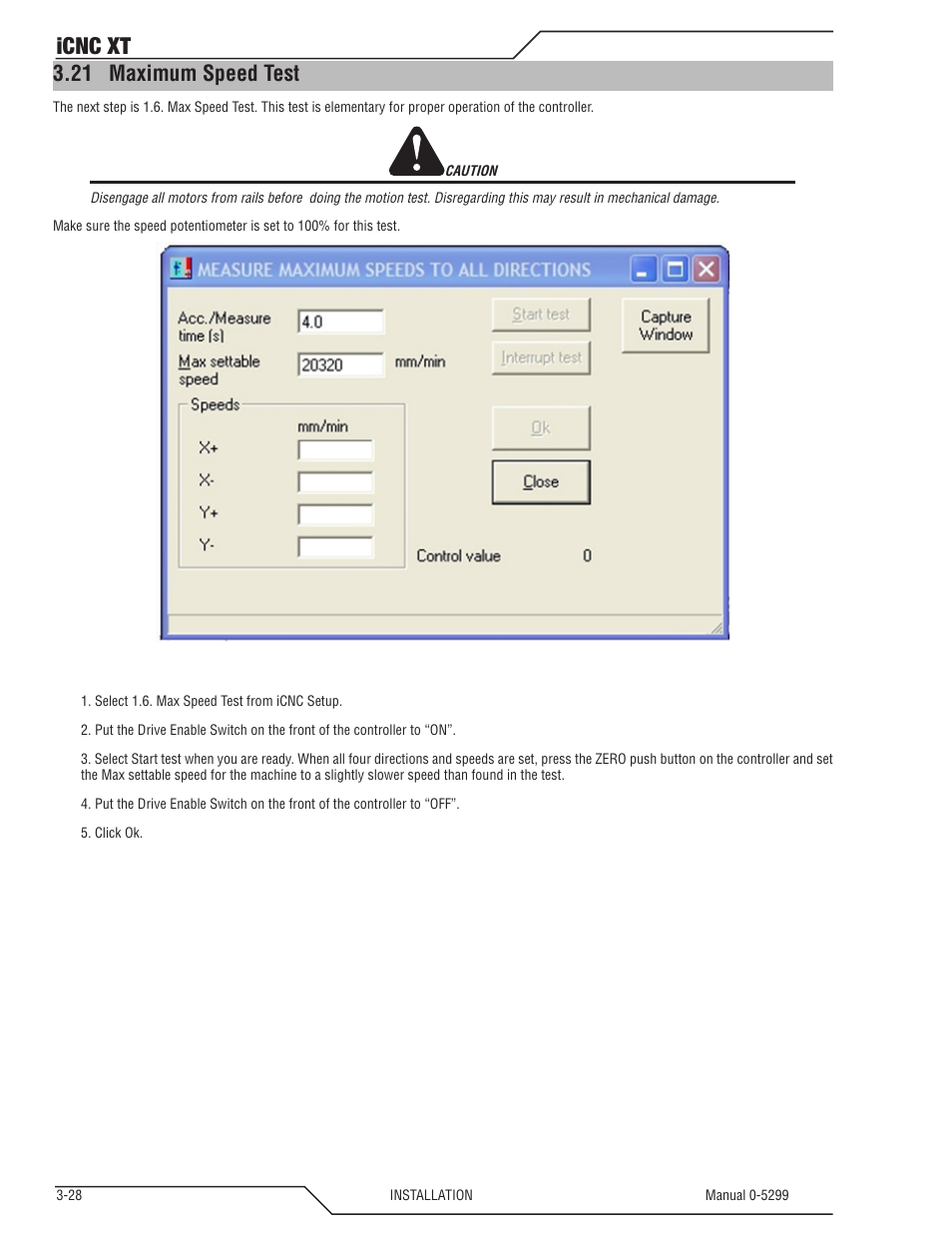 21 maximum speed test, Maximum speed test -28, Icnc xt | Tweco iCNC XT User Manual | Page 48 / 110