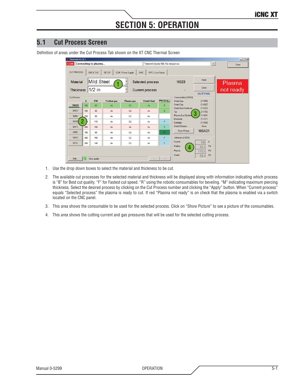 Section 5: operation, 1 cut process screen, Section 5: operation -1 | Cut process screen -1, Icnc xt | Tweco iCNC XT User Manual | Page 59 / 110