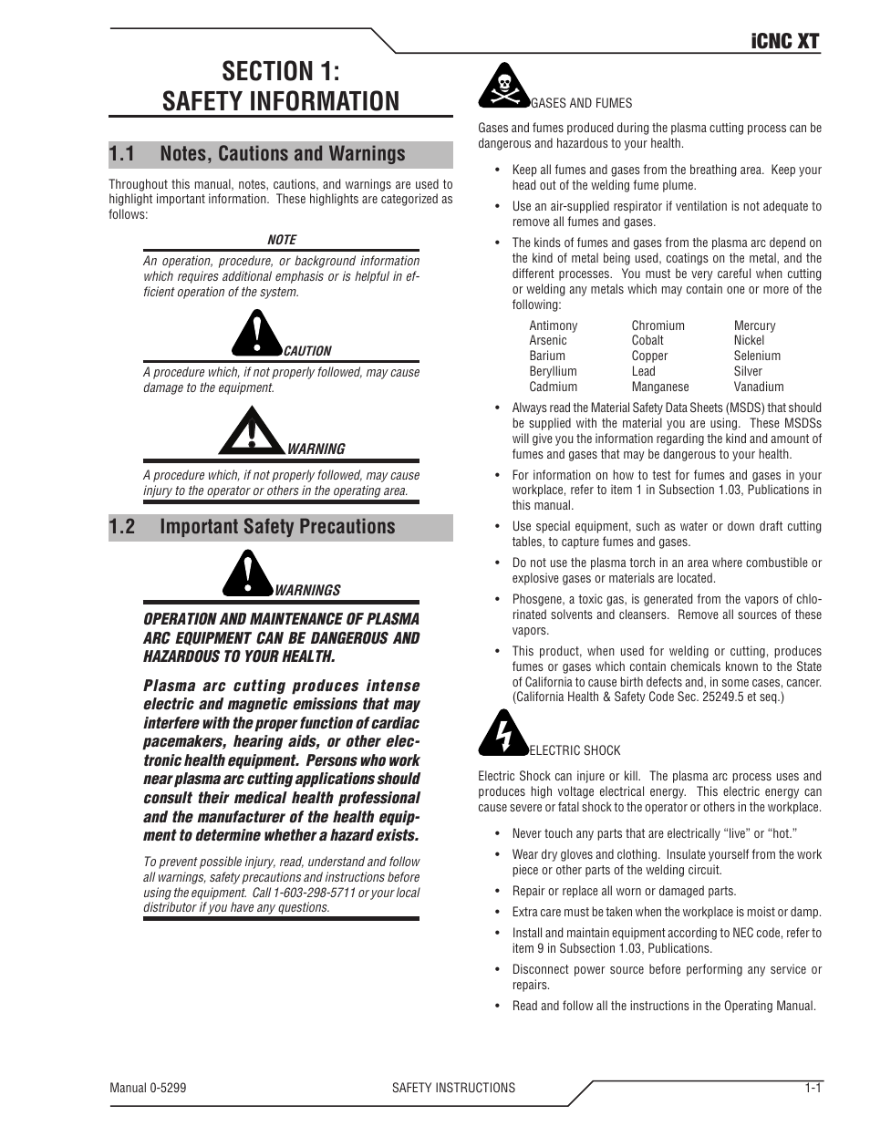 Section 1: safety information, 1 notes, cautions and warnings, 2 important safety precautions | Section 1, Safety information -1, Notes, cautions and warnings -1, Important safety precautions -1, Icnc xt | Tweco iCNC XT User Manual | Page 7 / 110