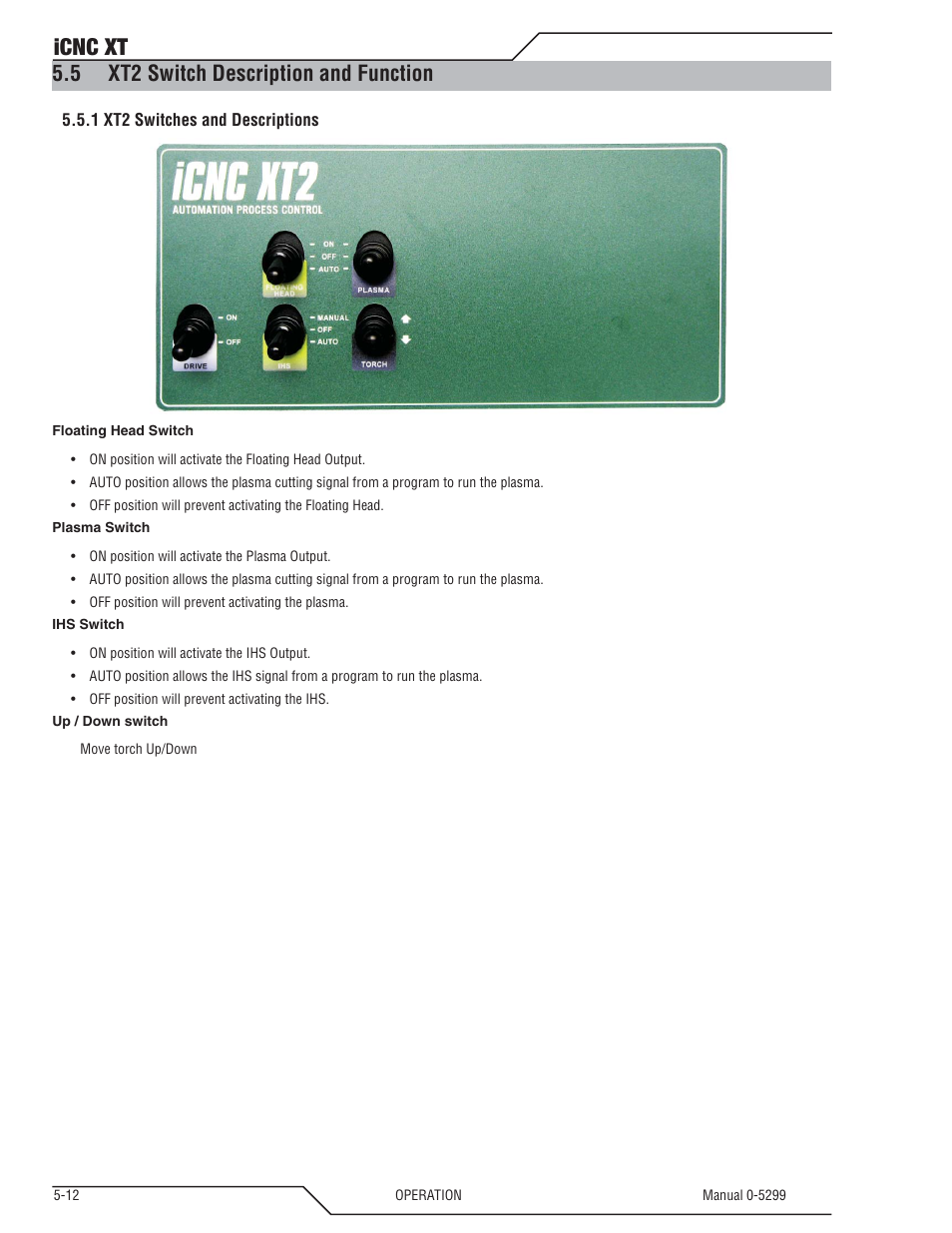 5 xt2 switch description and function, Xt2 switch description and function -12, Icnc xt | Tweco iCNC XT User Manual | Page 70 / 110