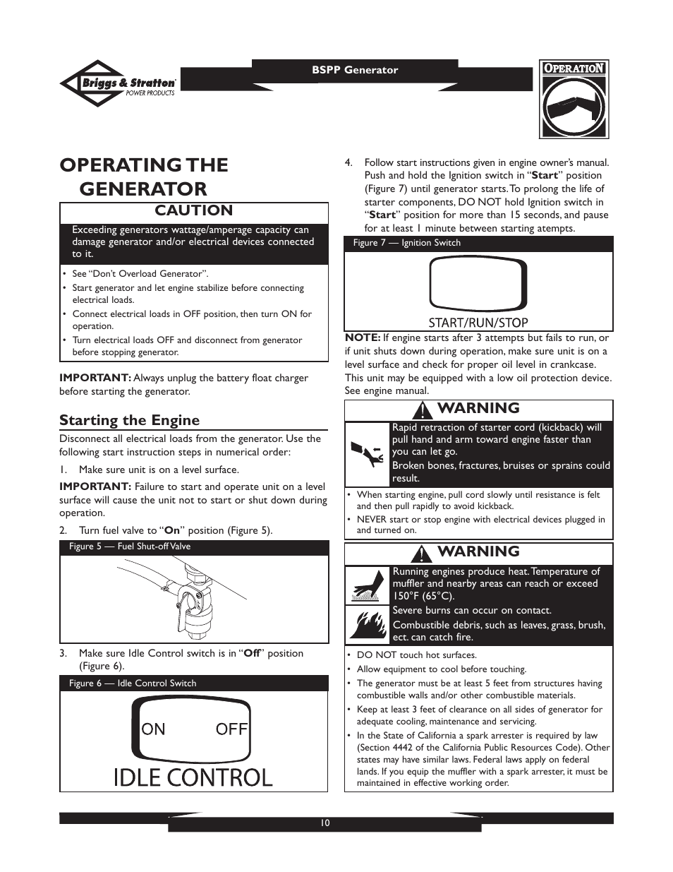 Operating the generator, Starting the engine, Caution | Warning | Briggs & Stratton PRO8000 User Manual | Page 10 / 60
