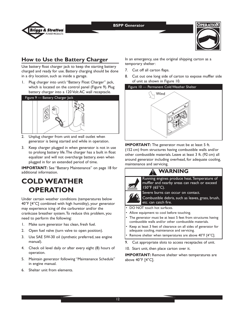 Cold weather operation, How to use the battery charger, Warning | Briggs & Stratton PRO8000 User Manual | Page 12 / 60