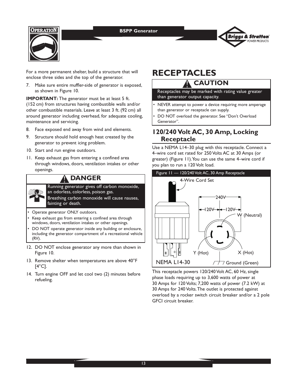 Receptacles, Caution, Danger | Briggs & Stratton PRO8000 User Manual | Page 13 / 60