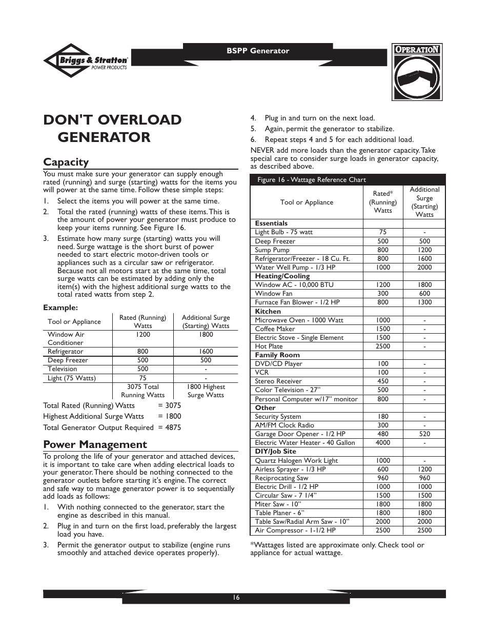 Don't overload generator, Capacity, Power management | Briggs & Stratton PRO8000 User Manual | Page 16 / 60
