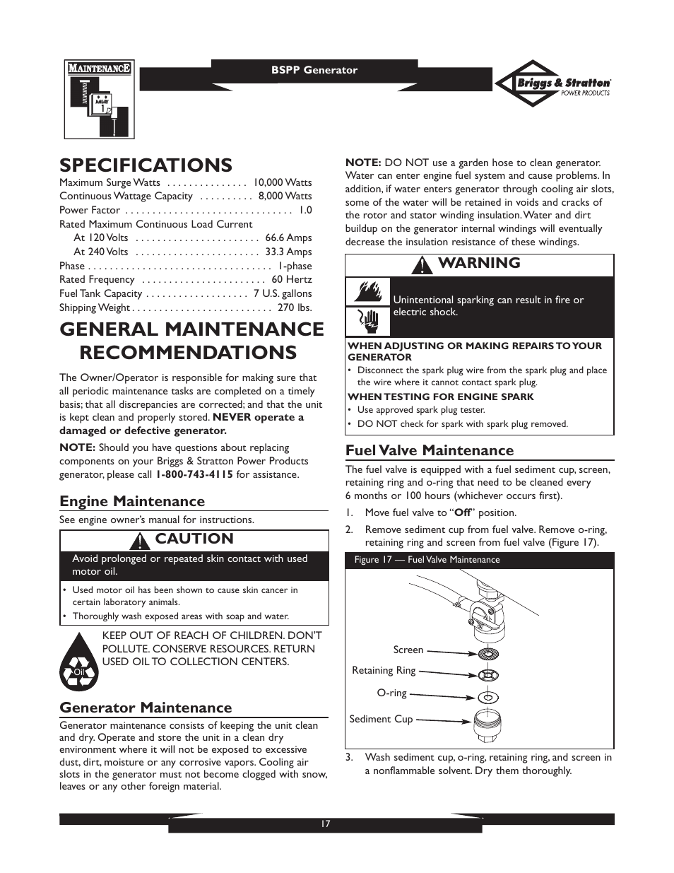 Specifications, General maintenance recommendations, Engine maintenance | Generator maintenance, Fuel valve maintenance, Caution, Warning | Briggs & Stratton PRO8000 User Manual | Page 17 / 60