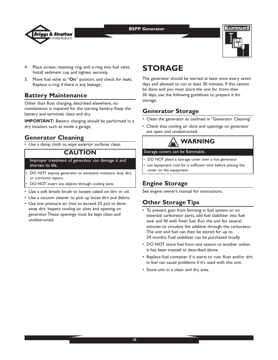 Storage, Battery maintenance, Generator cleaning | Generator storage, Engine storage, Other storage tips, Warning, Caution | Briggs & Stratton PRO8000 User Manual | Page 18 / 60