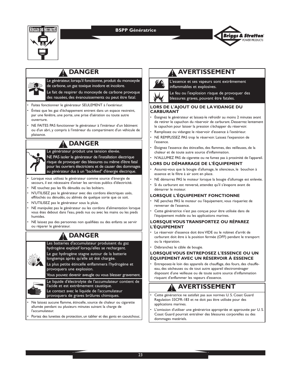 Danger, Avertissement | Briggs & Stratton PRO8000 User Manual | Page 23 / 60