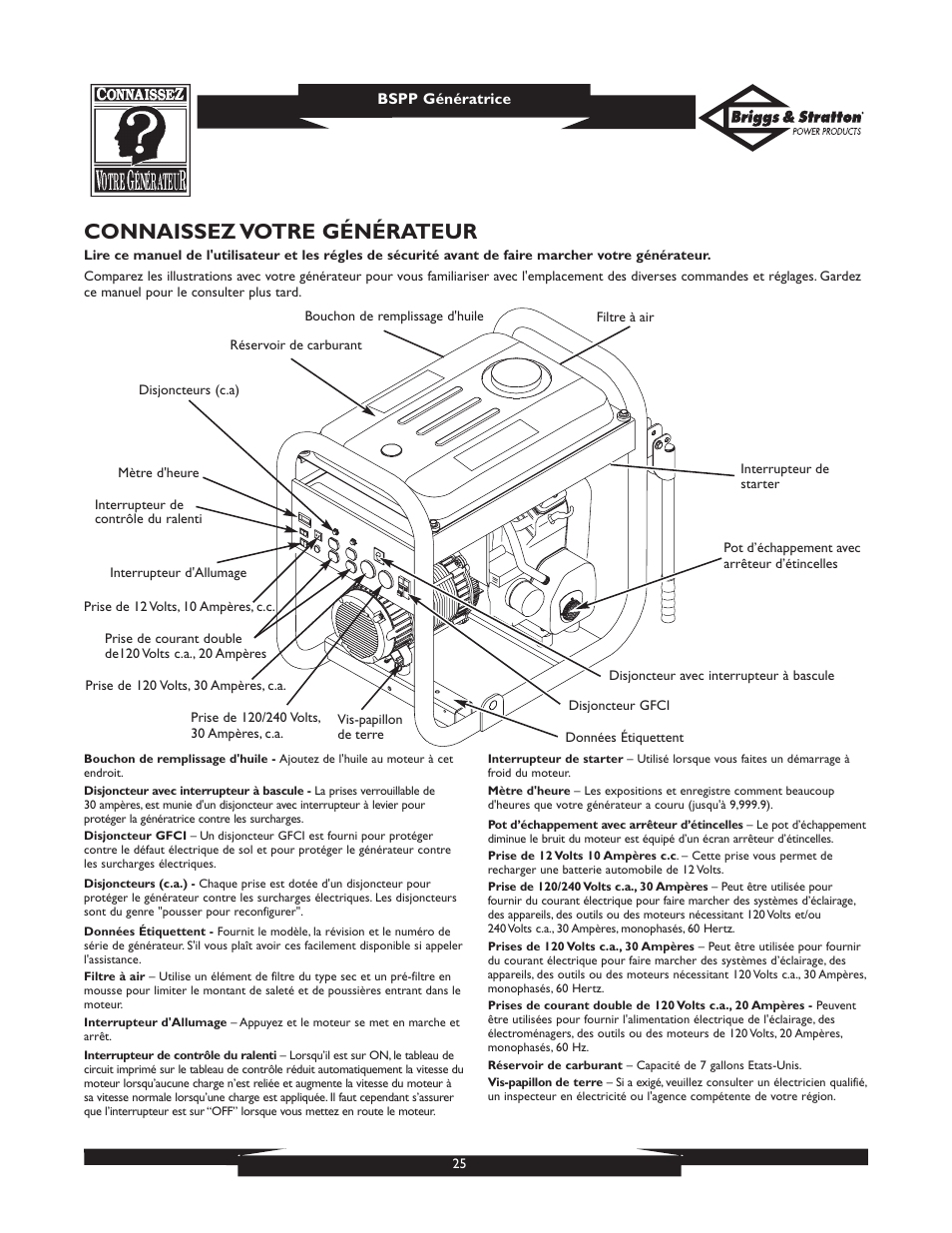 Connaissez votre générateur | Briggs & Stratton PRO8000 User Manual | Page 25 / 60