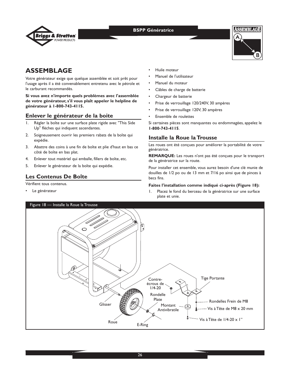 Assemblage, Enlever le générateur de la boite, Les contenus de boîte | Installe la roue la trousse | Briggs & Stratton PRO8000 User Manual | Page 26 / 60