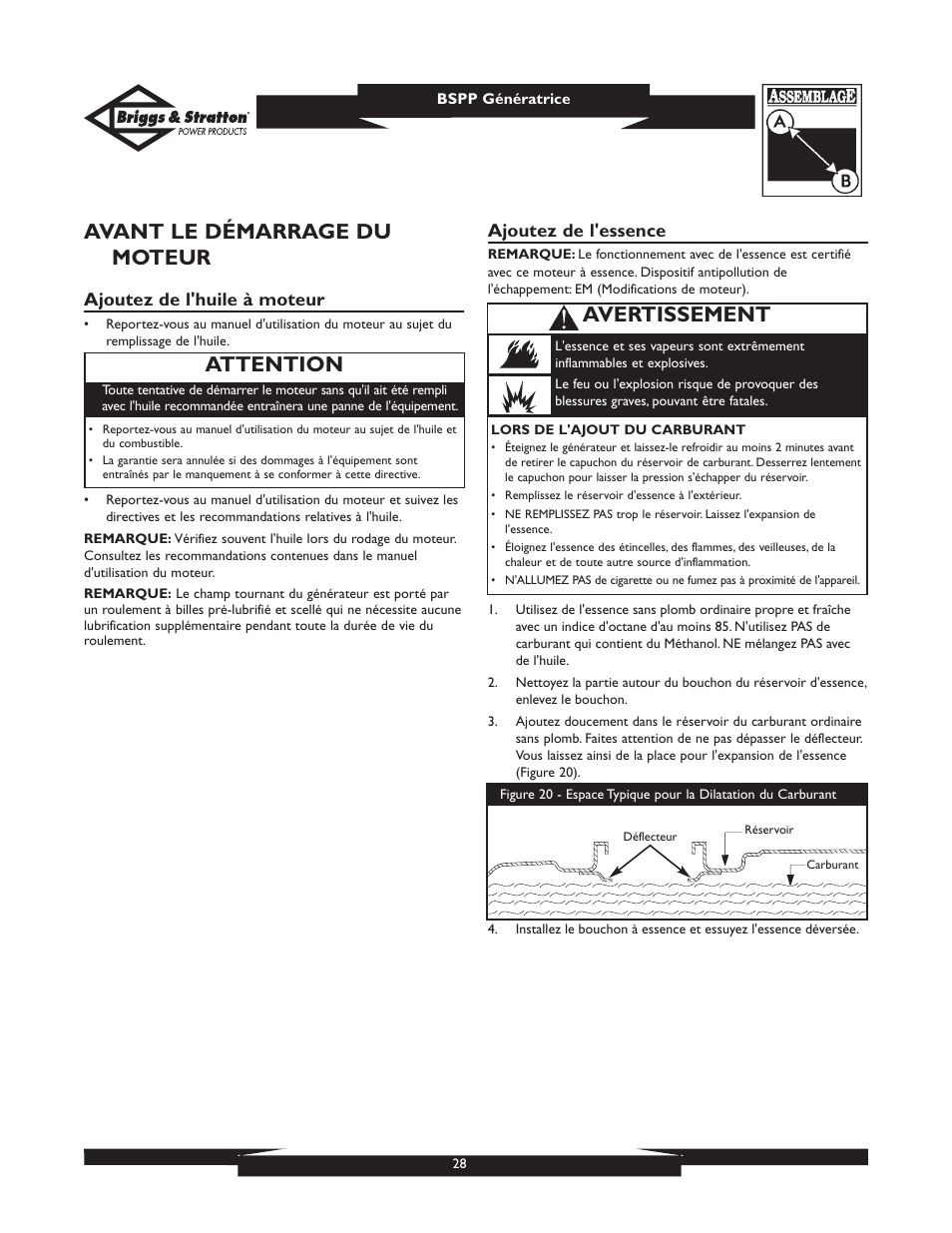 Avant le démarrage du moteur, Attention, Avertissement | Ajoutez de l'huile à moteur, Ajoutez de l'essence | Briggs & Stratton PRO8000 User Manual | Page 28 / 60