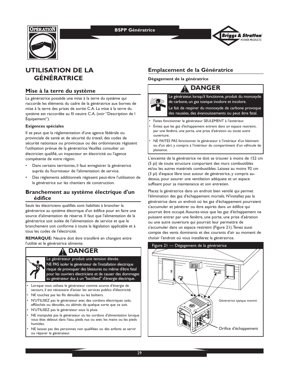 Utilisation de la génératrice, Danger, Mise à la terre du système | Branchement au système électrique d'un édifice, Emplacement de la génératrice | Briggs & Stratton PRO8000 User Manual | Page 29 / 60