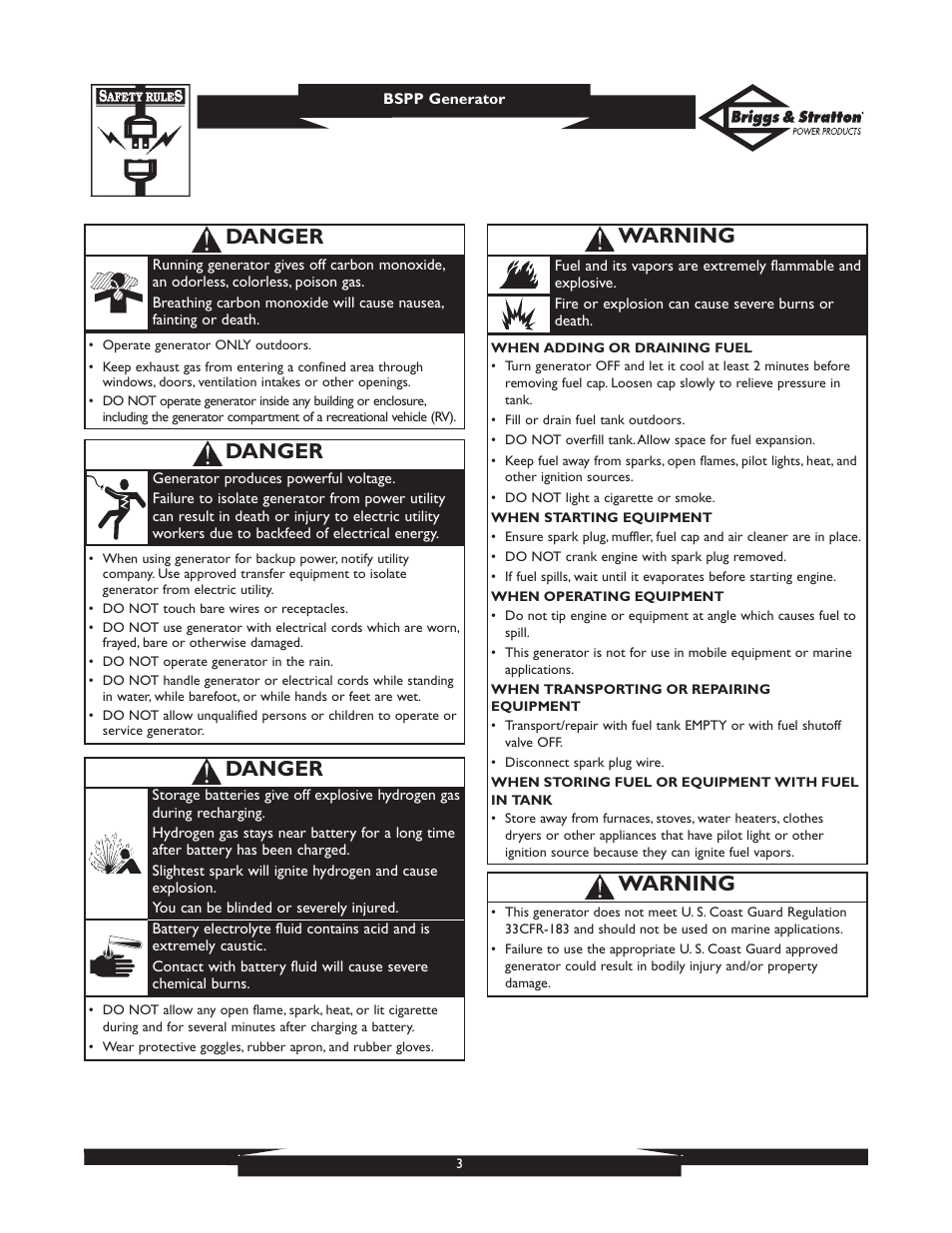 Danger, Warning | Briggs & Stratton PRO8000 User Manual | Page 3 / 60