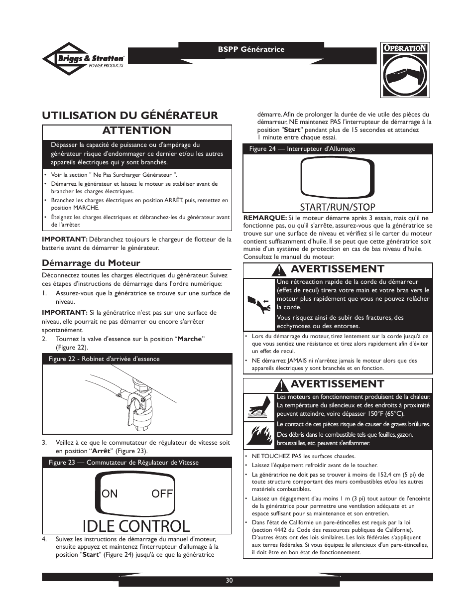 Utilisation du générateur, Attention, Avertissement | Démarrage du moteur | Briggs & Stratton PRO8000 User Manual | Page 30 / 60