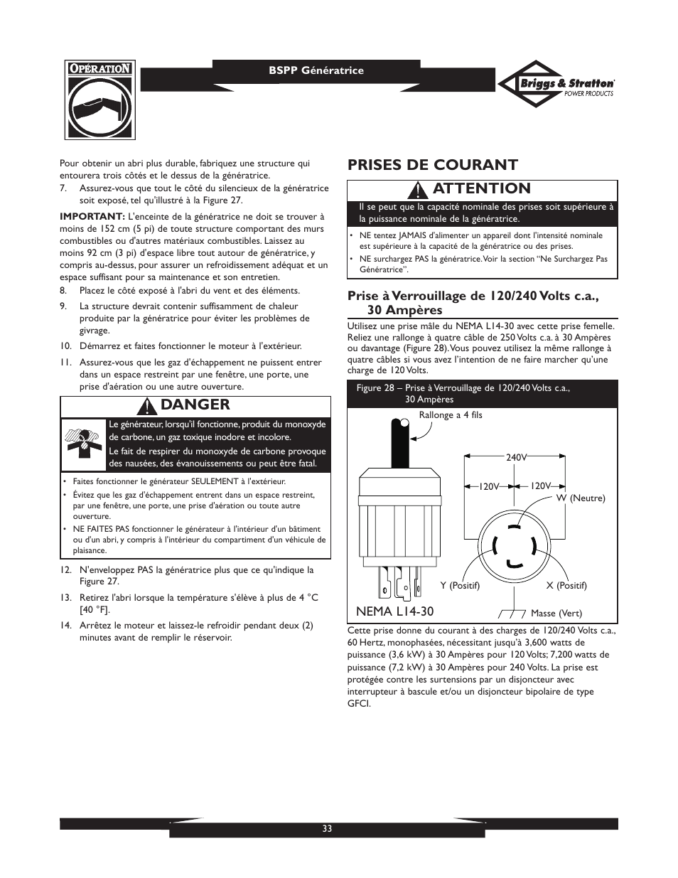 Prises de courant, Attention, Danger | Nema l14-30 | Briggs & Stratton PRO8000 User Manual | Page 33 / 60