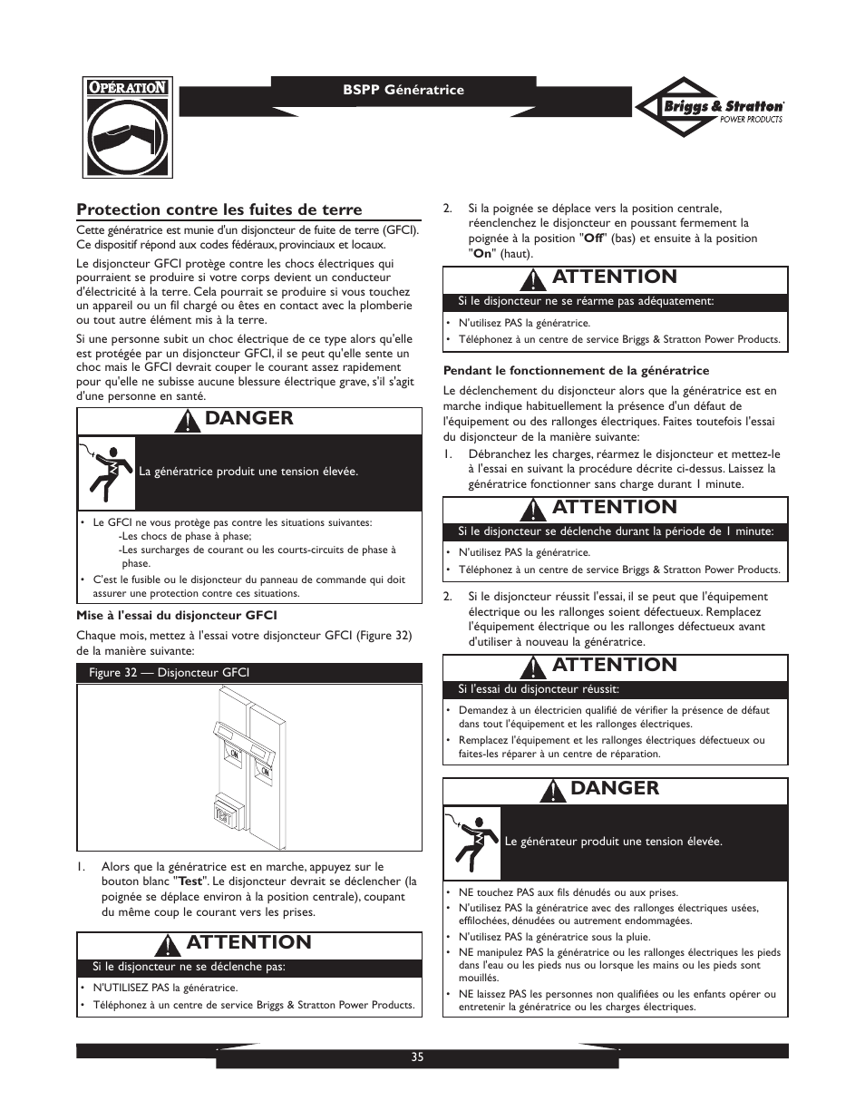 Danger, Attention, Protection contre les fuites de terre | Briggs & Stratton PRO8000 User Manual | Page 35 / 60