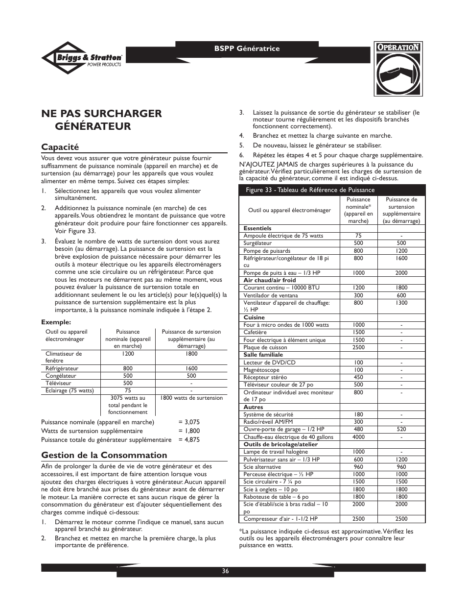 Ne pas surcharger générateur, Capacité, Gestion de la consommation | Briggs & Stratton PRO8000 User Manual | Page 36 / 60