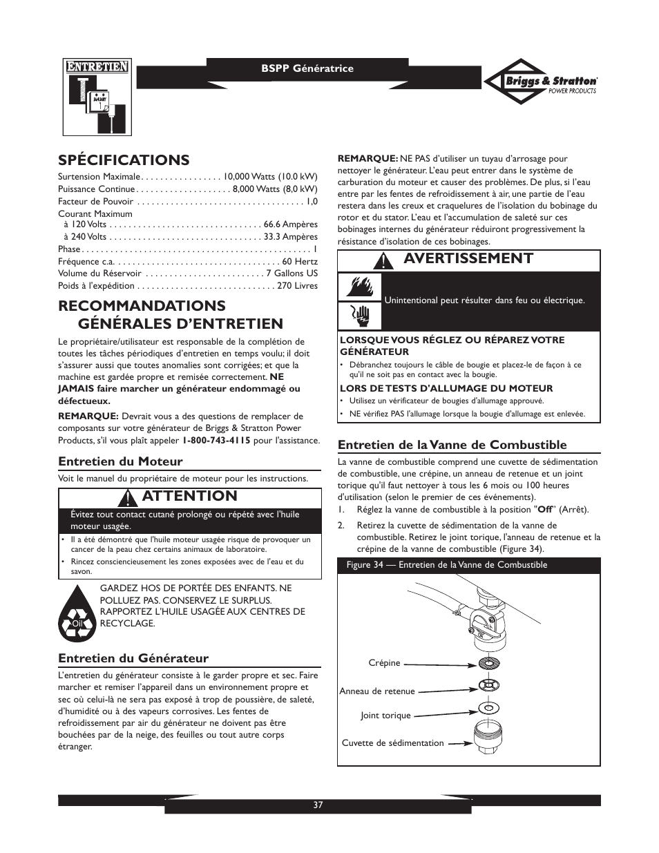 Spécifications, Recommandations générales d’entretien, Attention | Avertissement | Briggs & Stratton PRO8000 User Manual | Page 37 / 60
