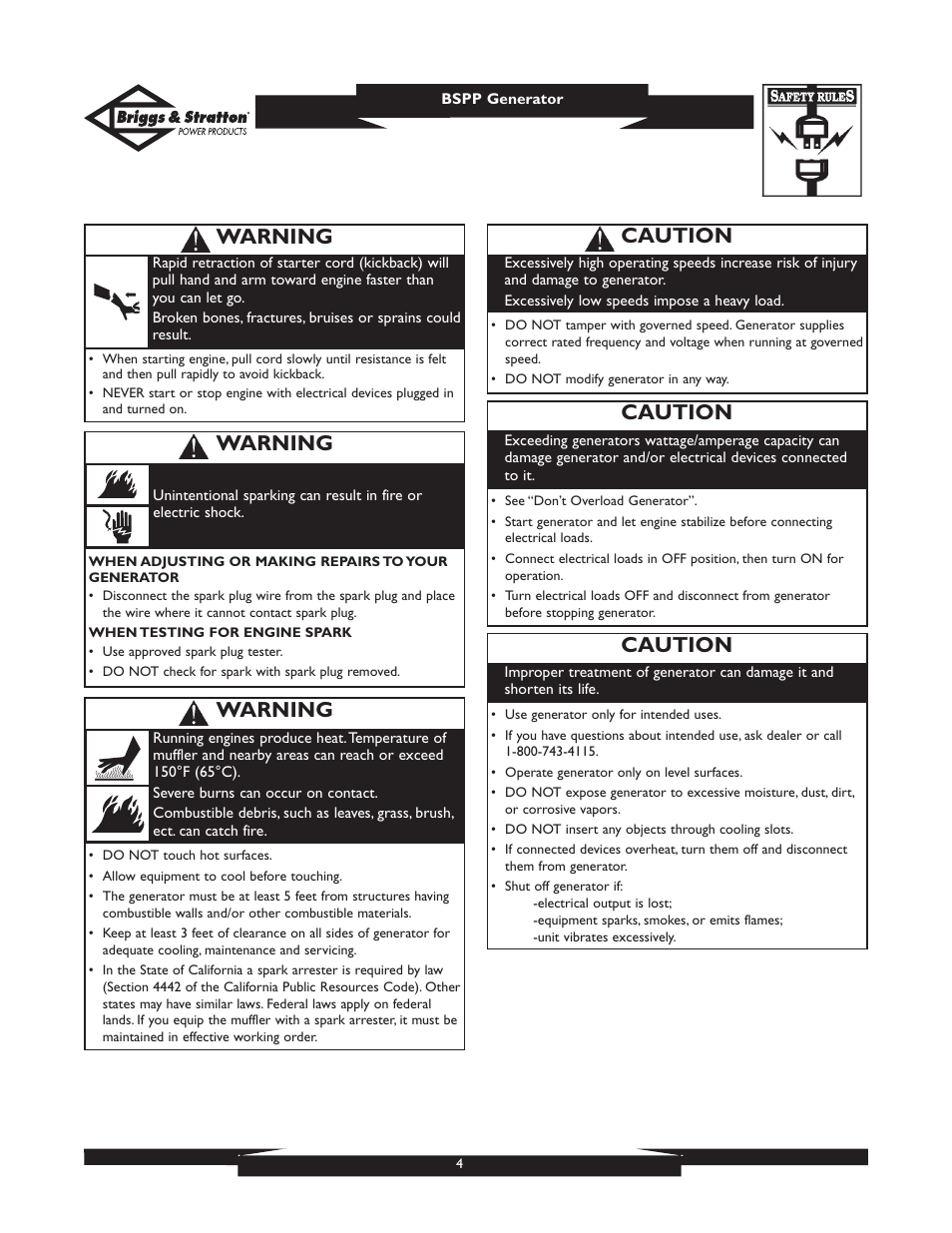 Caution, Warning | Briggs & Stratton PRO8000 User Manual | Page 4 / 60