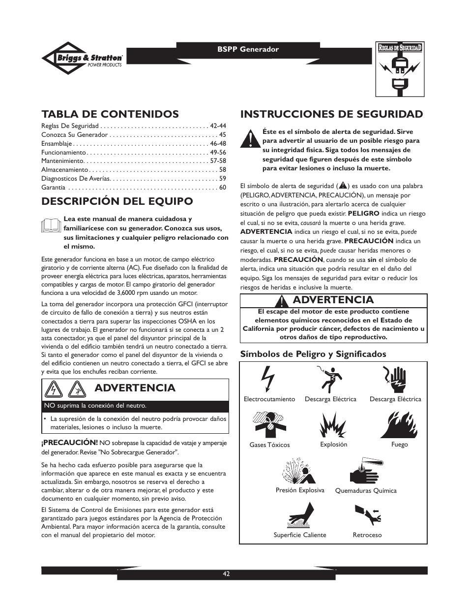 Briggs & Stratton PRO8000 User Manual | Page 42 / 60
