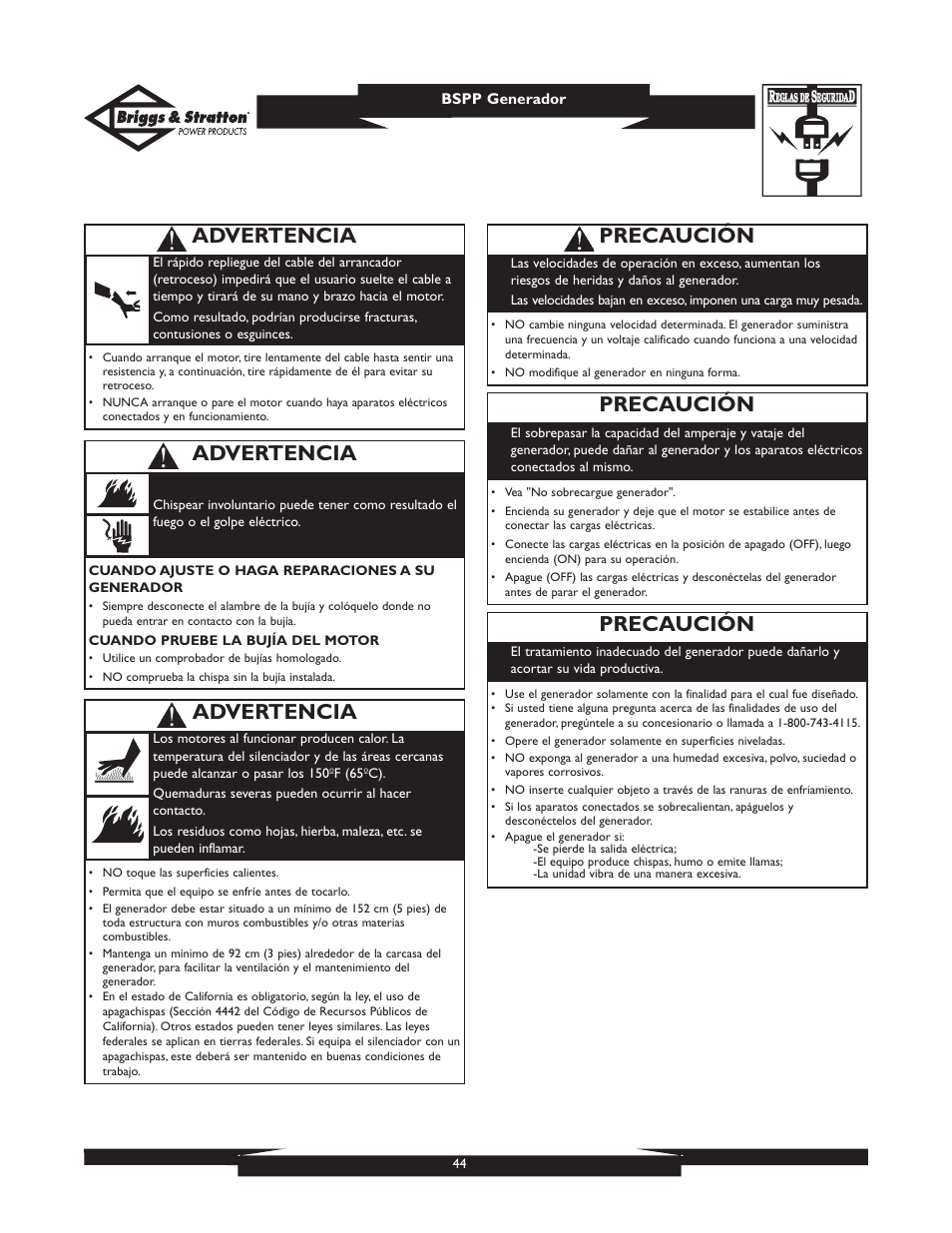 Precaución, Advertencia | Briggs & Stratton PRO8000 User Manual | Page 44 / 60