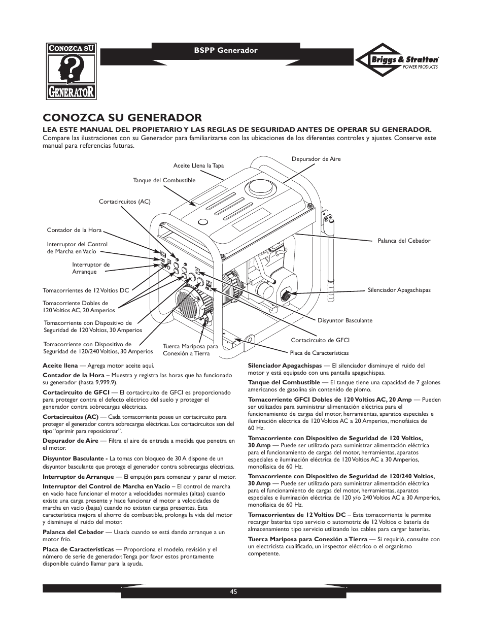 Conozca su generador | Briggs & Stratton PRO8000 User Manual | Page 45 / 60