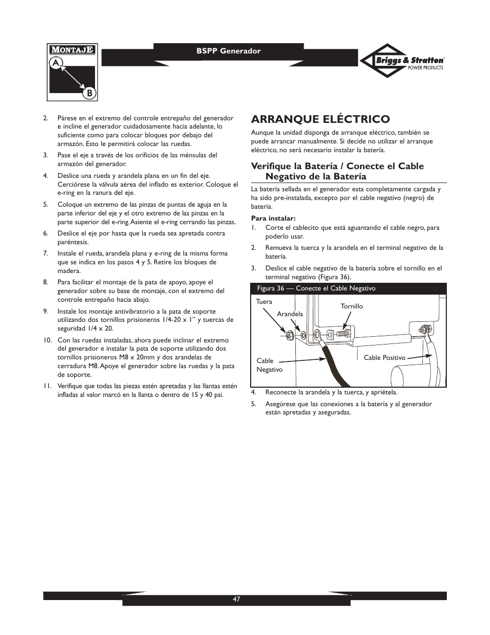 Arranque eléctrico | Briggs & Stratton PRO8000 User Manual | Page 47 / 60